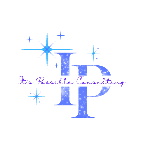 A blue and white logo of it's possible consulting