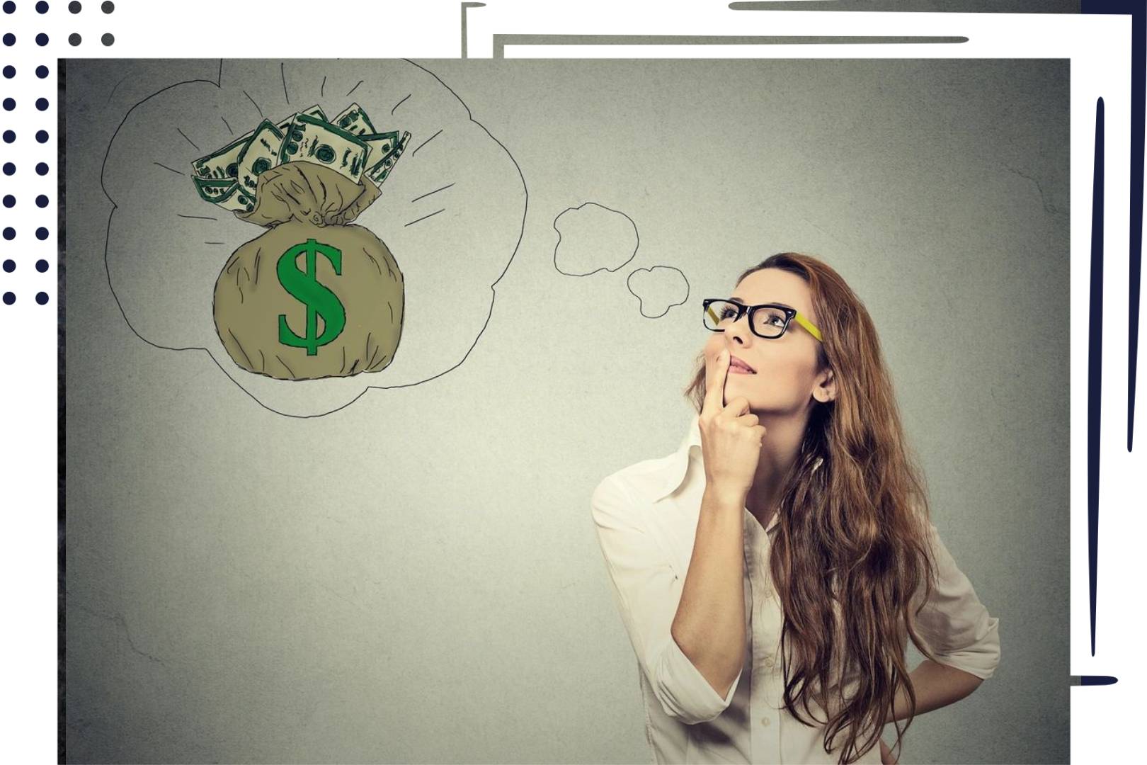 A woman is thinking about money in front of a wall.