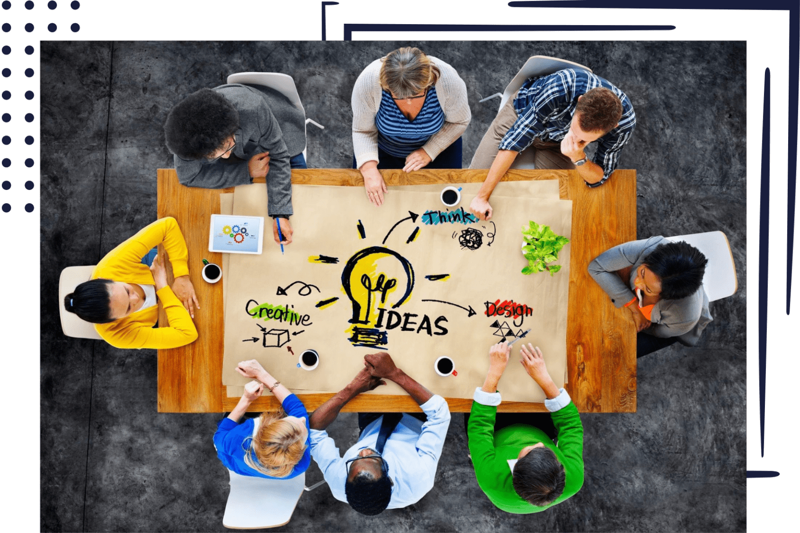 A group of people sitting around a table with an idea written on it.