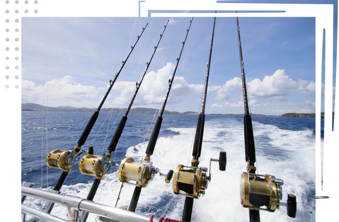 A boat with six fishing rods on it.